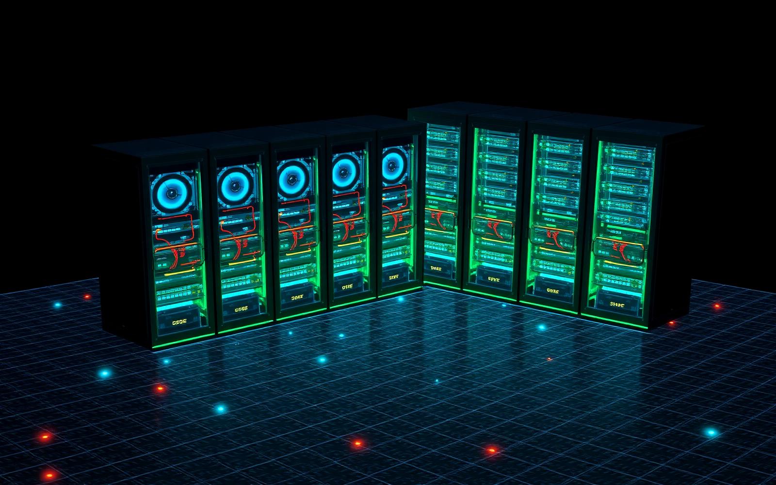 3D digital twin of a data center with server racks, cooling pipes and thermal overlay